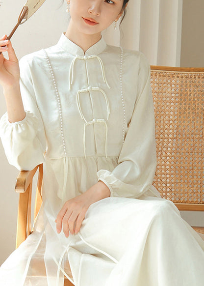 White Chinese Button Silm Fit Silk Dress Fall