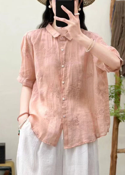 Fine Pink Oversized Embroidered Linen Tops Summer