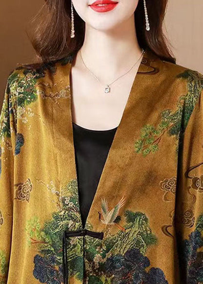 Yellow V Neck Tasseled Button Print Silk Cardigans Coats Spring