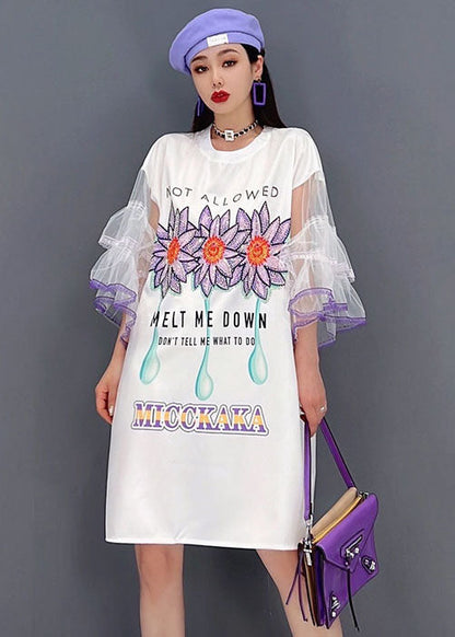 Unique White O-neck Tulle Original Print Patchwork Mid Dress Flare Sleeve