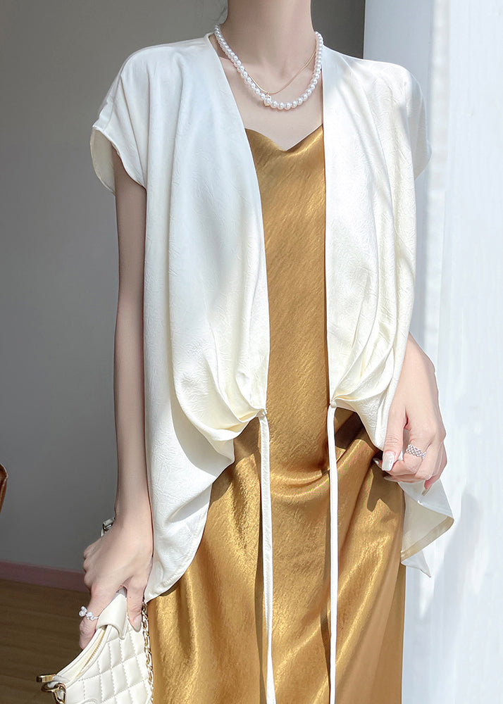 White Lace Up Silk Blouse V Neck Short Sleeve