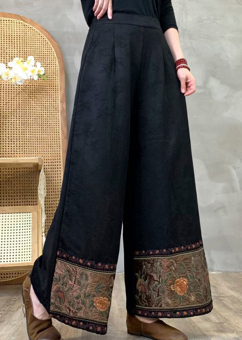 Black Embroidered Cotton Wide Leg Pants Spring
