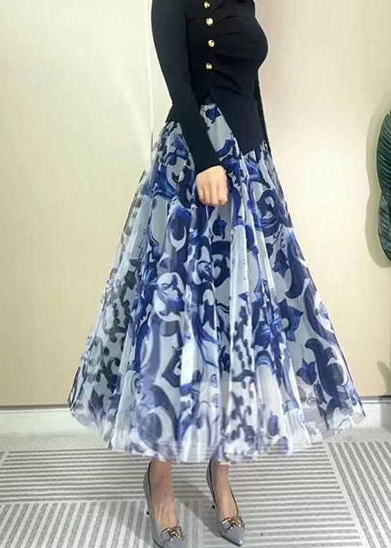 Blue High Waist Print Wrinkled Tulle Skirt Spring