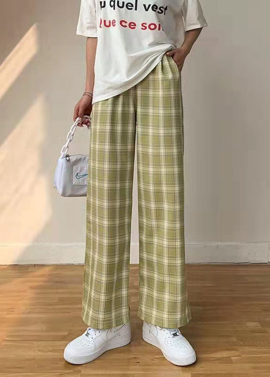 Green Plaid High Waist Zippered Wide Leg Pants