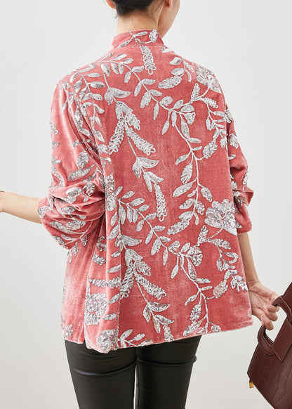 Pink Stand Collar Leaf Sequins Silk Velour Shirt Spring