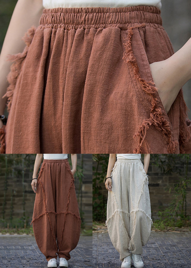 Brick Red Pockets High Waist Linen Pants Summer