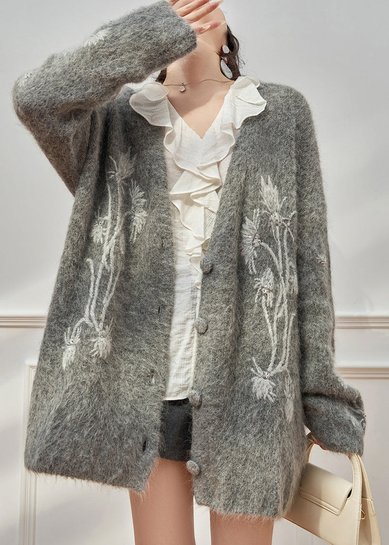 Grey V Neck Embroidered Cotton Knit Cardigan Fall