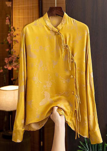 Yellow V Neck Asymmetrical Design Wrinkled Print Blouse Top Lantern Sleeve