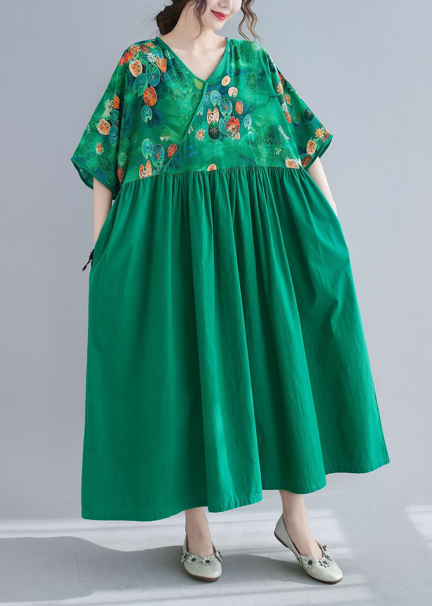 Green Cinched Print Long Dress Half Sleeve