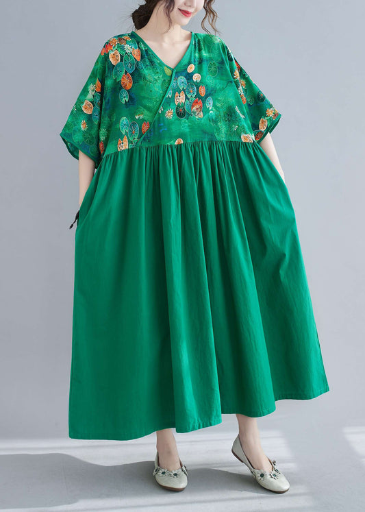 Green Cinched Print Long Dress Half Sleeve