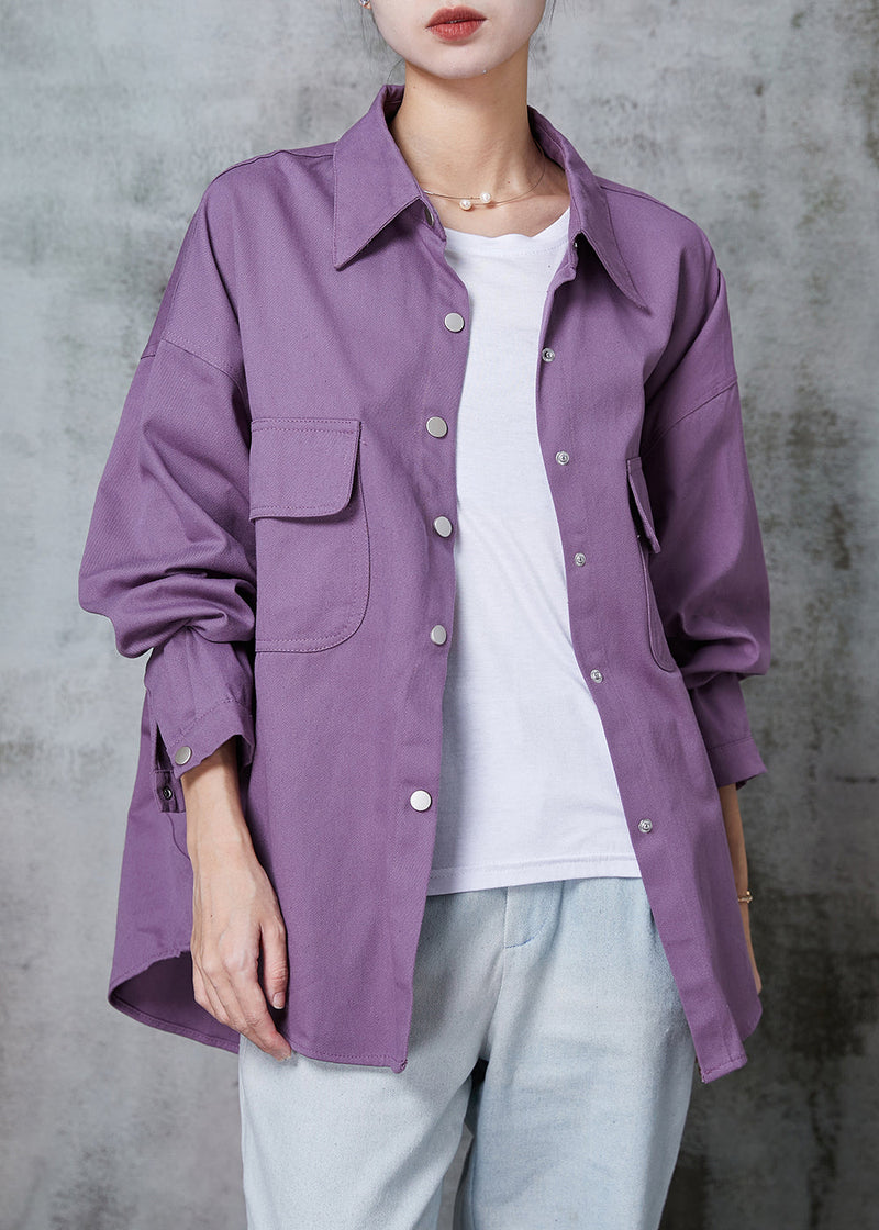 Purple Oversized Pockets Cotton Blouses Spring