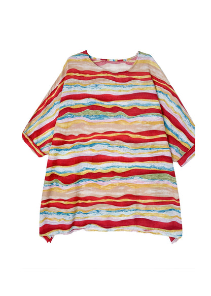 Red O Neck Striped Cotton Blouse Tops Batwing Sleeve