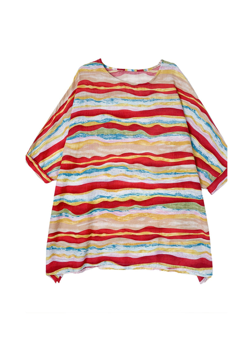 Red O Neck Striped Cotton Blouse Tops Batwing Sleeve