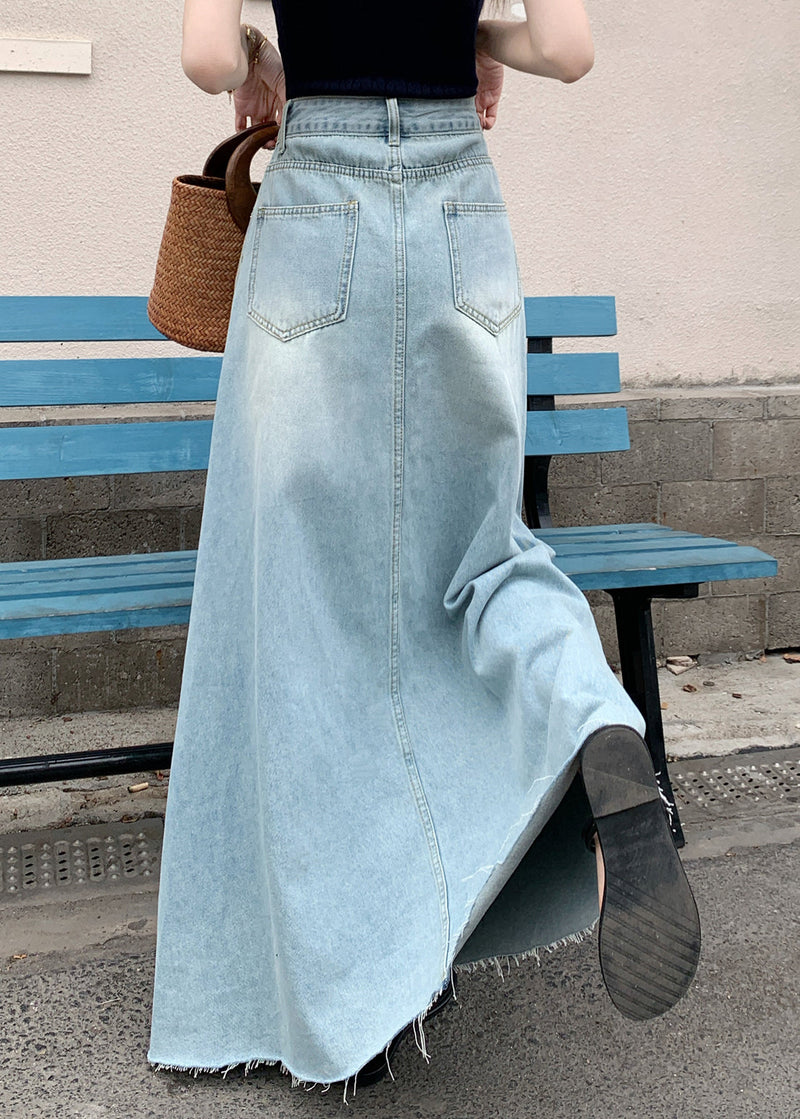 French Blue Pockets High Waist Denim Maxi Skirt Fall