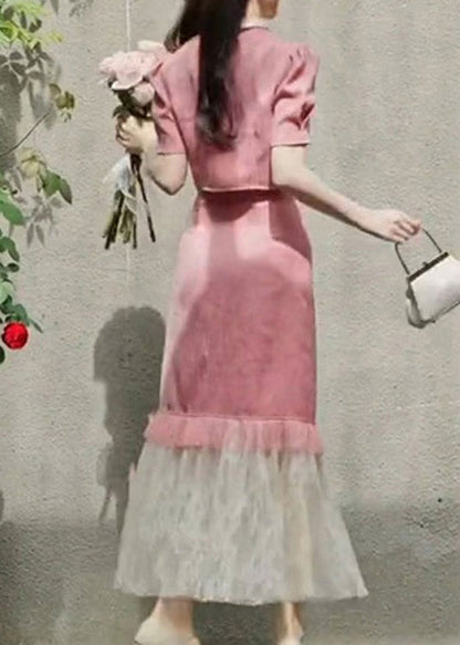 French Pink Tulle Patchwork Tops and Skirts Two Pieces Summer