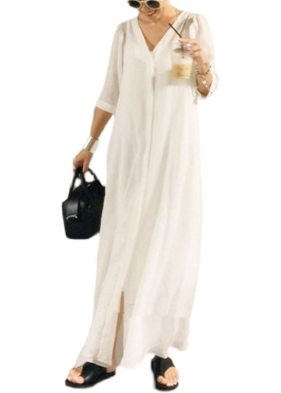 Simple White O-neck Patchwork Cotton Two Piece Set Summer
