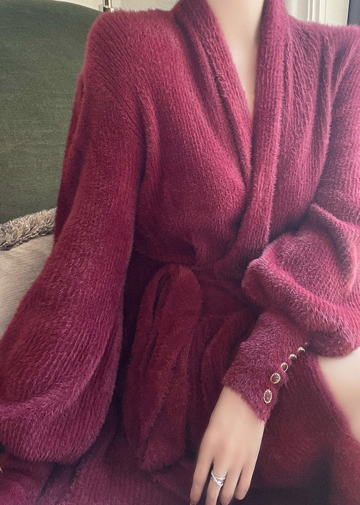 Mulberry V Neck Tie Waist Velour Maxi Dresses Long Sleeve