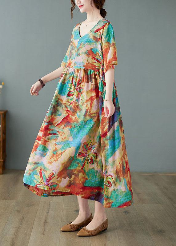 Handmade Print V Neck Patchwork Pockets Summer Long Dresses Half Sleeve