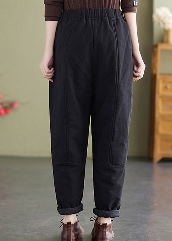 Boutique Black Elastic Waist Fine Cotton Filled Pants Winter