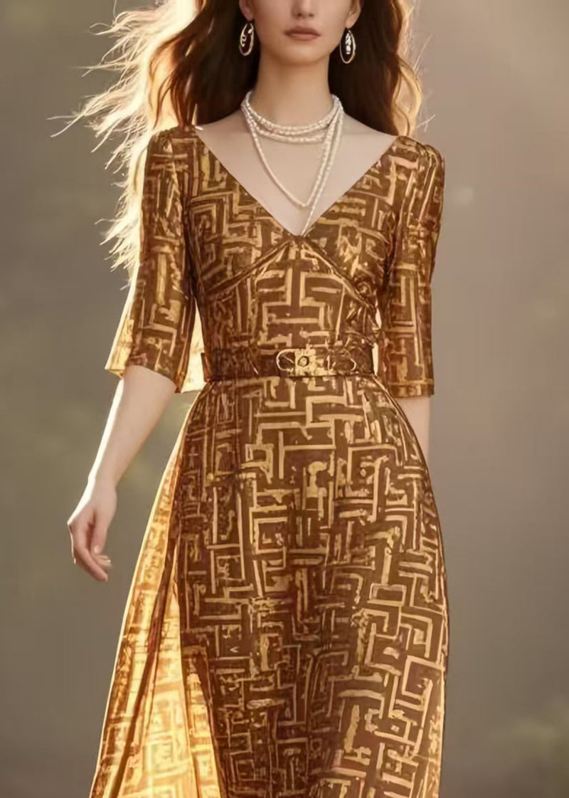 Brown Cinched Print Chiffon Long Dress Half Sleeve