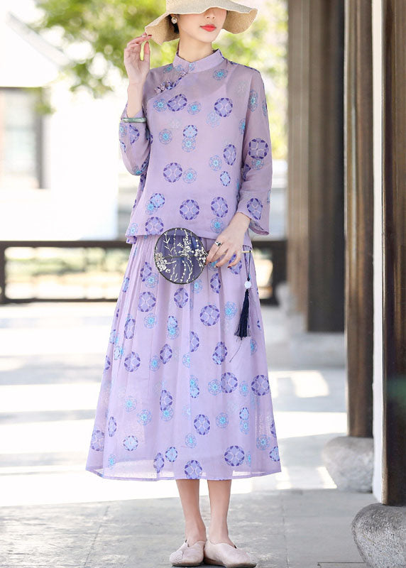 Purple Mandarin Collar Print Linen Two Pieces Set Summer