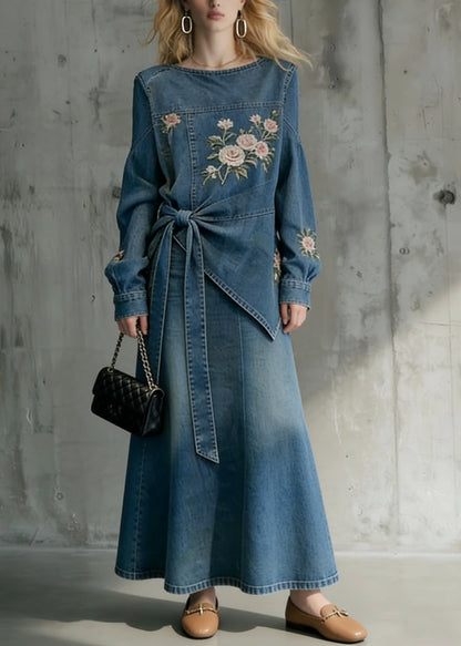 Style Blue Embroidered Top and Skirts Denim Two Pieces Set Spring