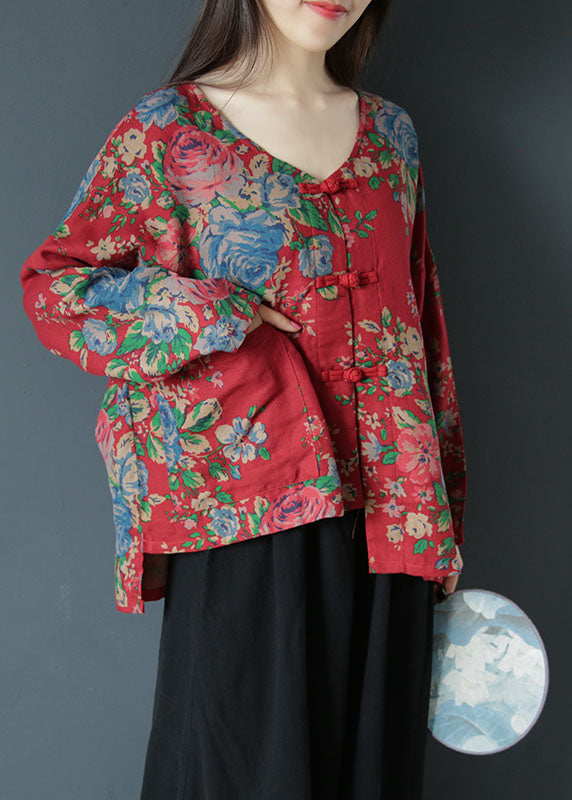 Red Asymmetrical Print Cotton Coats Spring