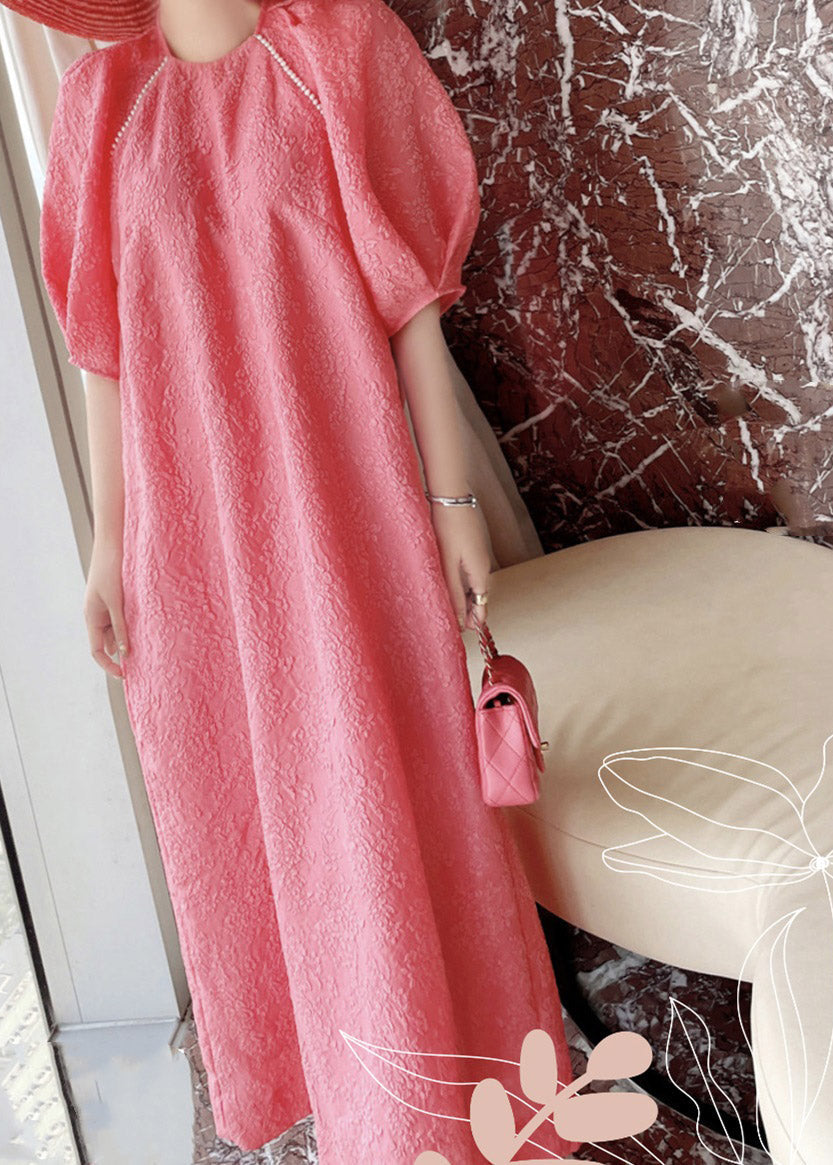 Loose Red O-neck Silk Maxi Dresses Puff Sleeve