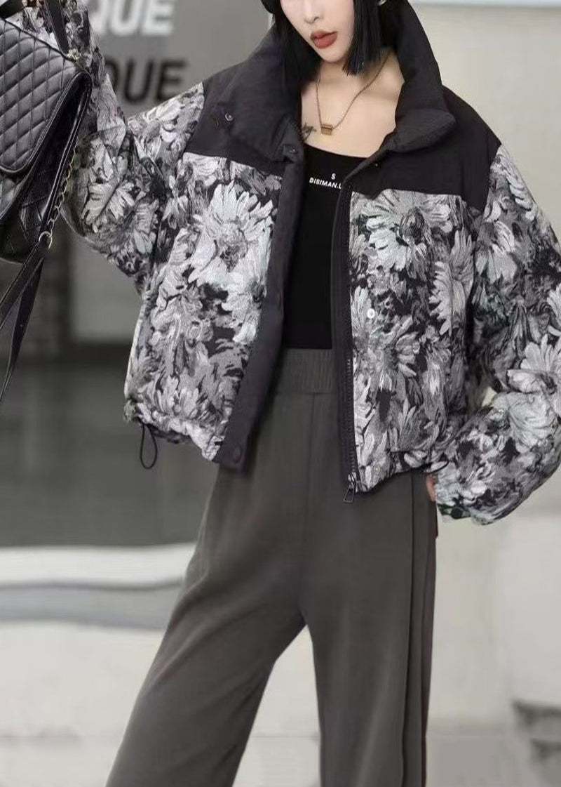 Black Oversized Print Duck Down Puffer Jacket Winter