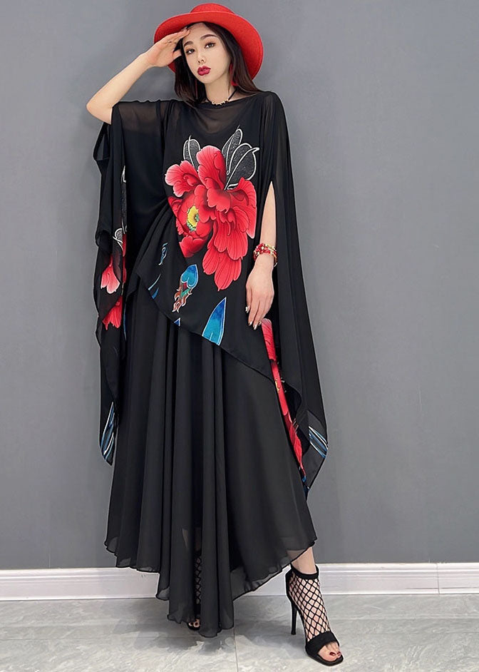 French Black Slash Neck Asymmetrical Design Print Chiffon Two Piece Set Batwing Sleeve