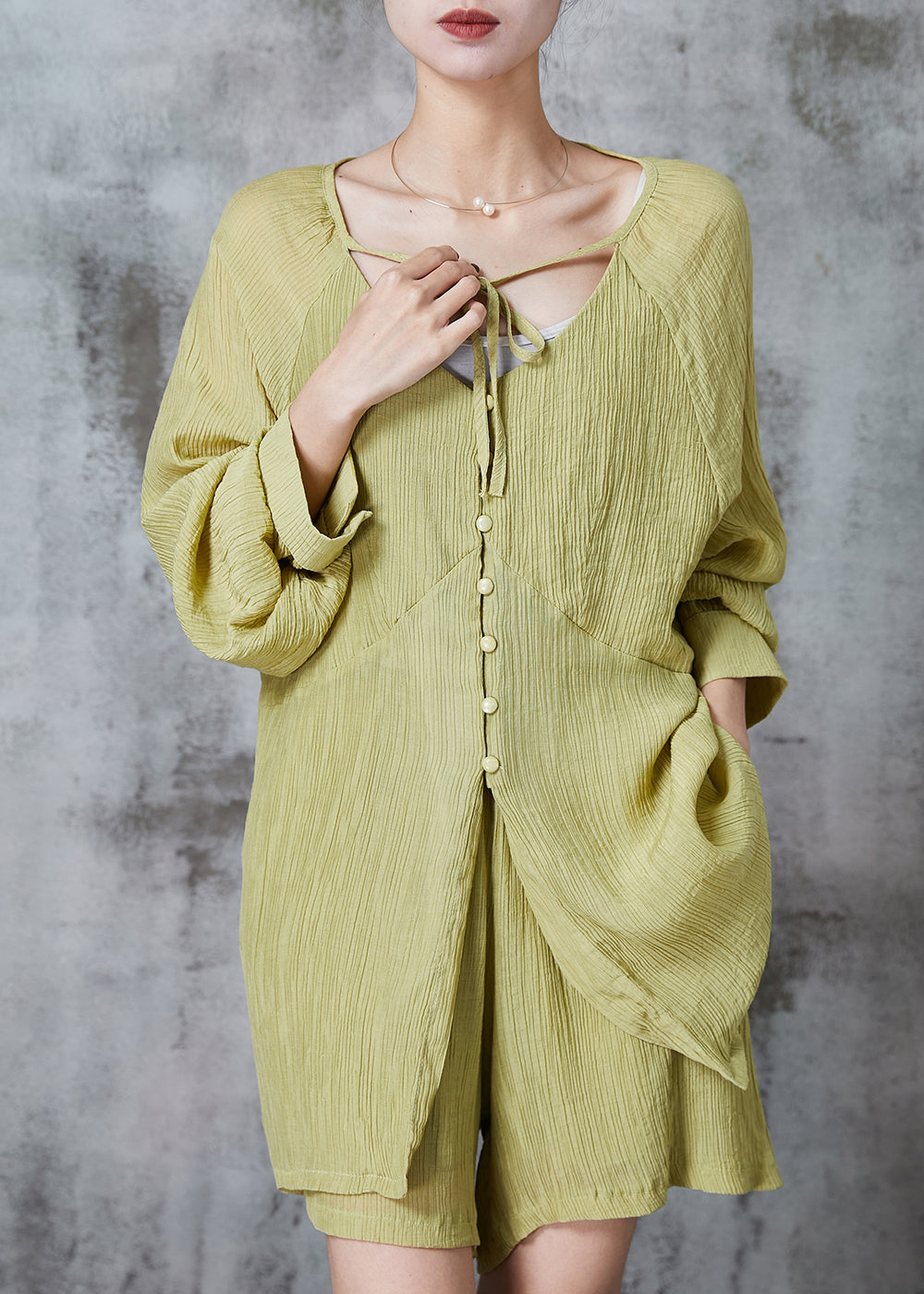 Grass Green Oversized Wrinkled Cotton Two Pieces Set Summer