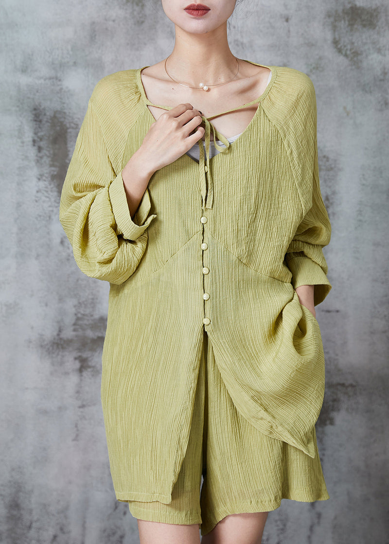 Grass Green Oversized Wrinkled Cotton Two Pieces Set Summer