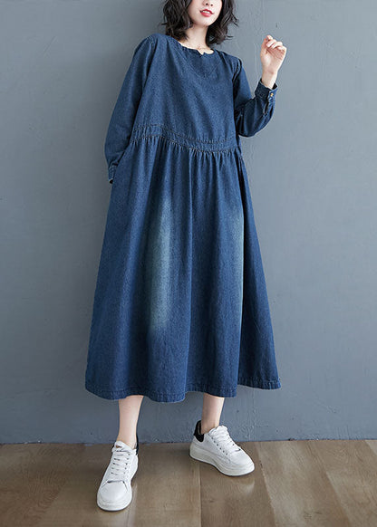 Blue V-neck Pockets Wrinkled Patchwork Denim Dress Spring