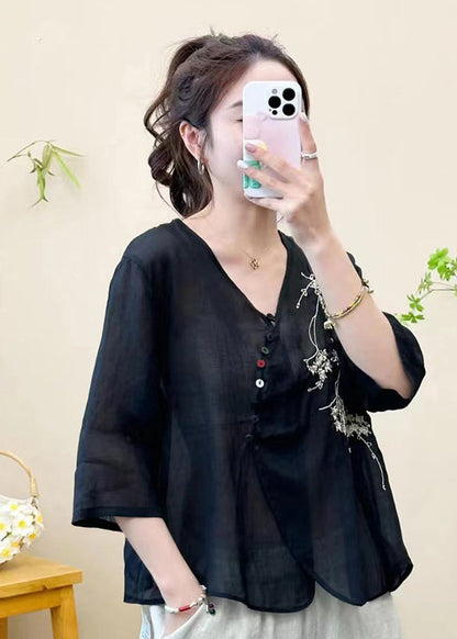 Green V Neck Embroideried Patchwork Linen Tops Summer