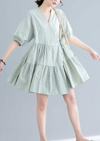 Green Short Sleeve a Line Dress Cotton