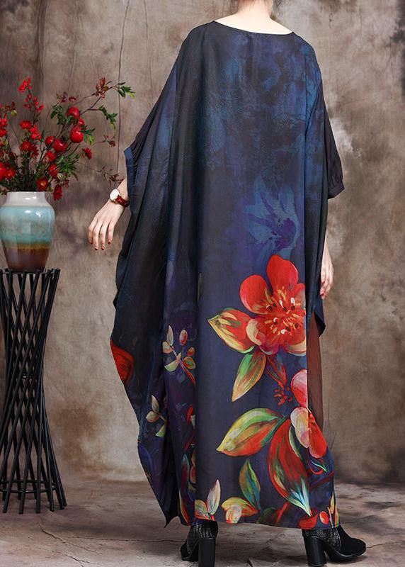 Loose Print Silk Dress Tie Waist Maxi Dress