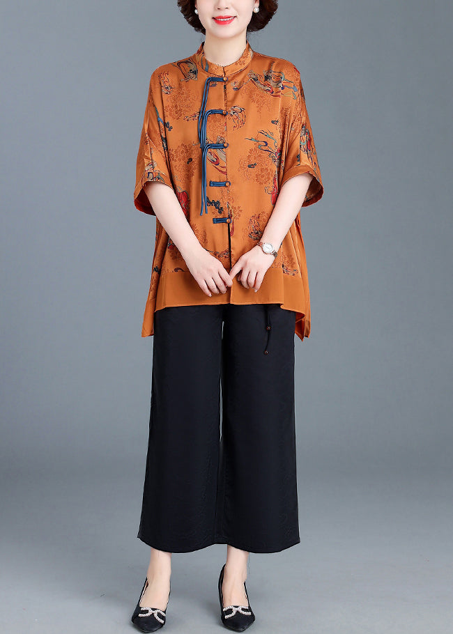 Yellow Stand Collar Button Patchwork Silk Two Pieces Set Half Sleeve