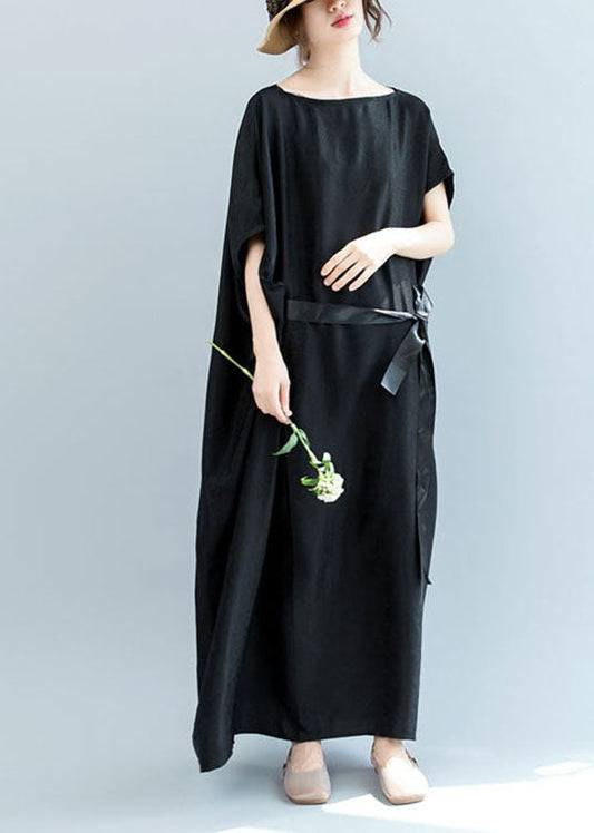French Black Cinched Loose Wrinkled Long Dress Bat Wing Sleeve