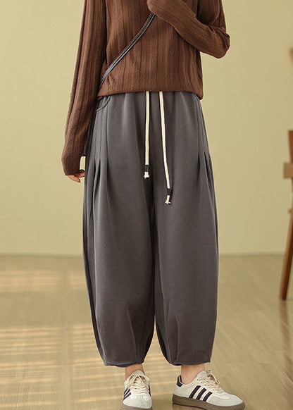 Grey Pockets Elastic Waist Warm Fleece Pants Winter