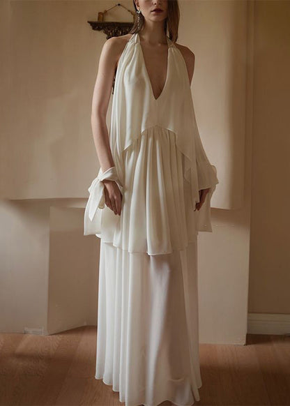 White V Neck Wrinkled Chiffon Dress Sleeveless