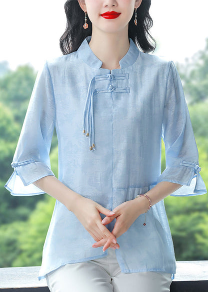 Blue Stand Collar Tasseled Patchwork Linen Shirt Summer