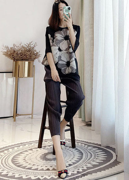 Original Design Black O-neck Wrinkled Tank Flare Sleeve