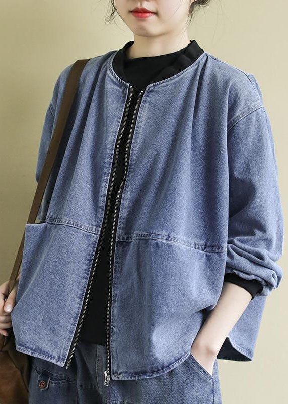 Blue Stand Collar Patchwork Cotton Denim Coats Fall