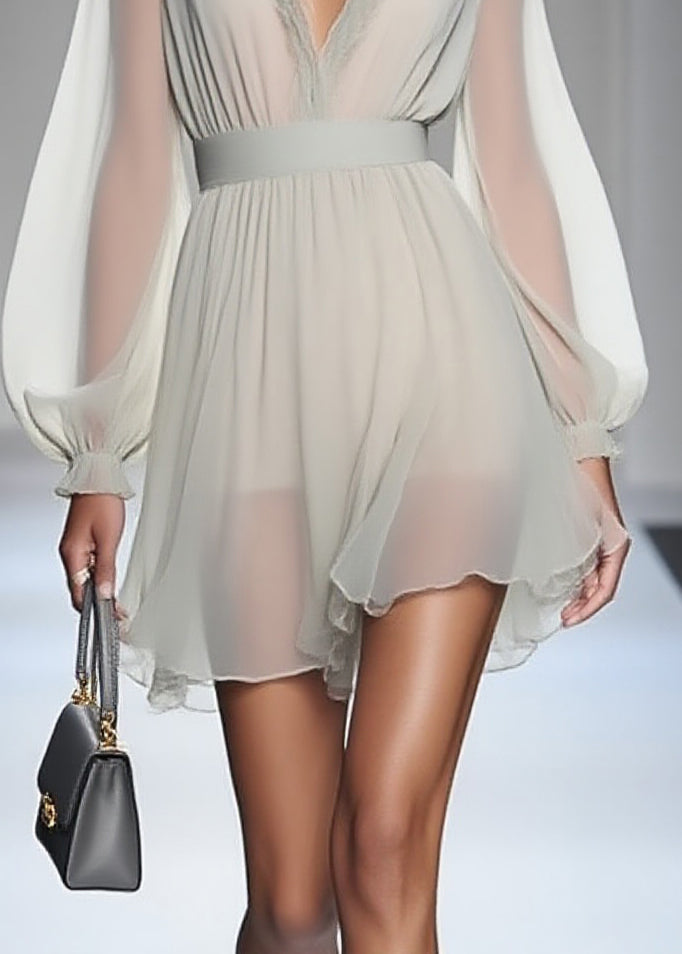 Modern Ruffled Patchwork Chiffon Mid Dress Lantern Sleeve Summer