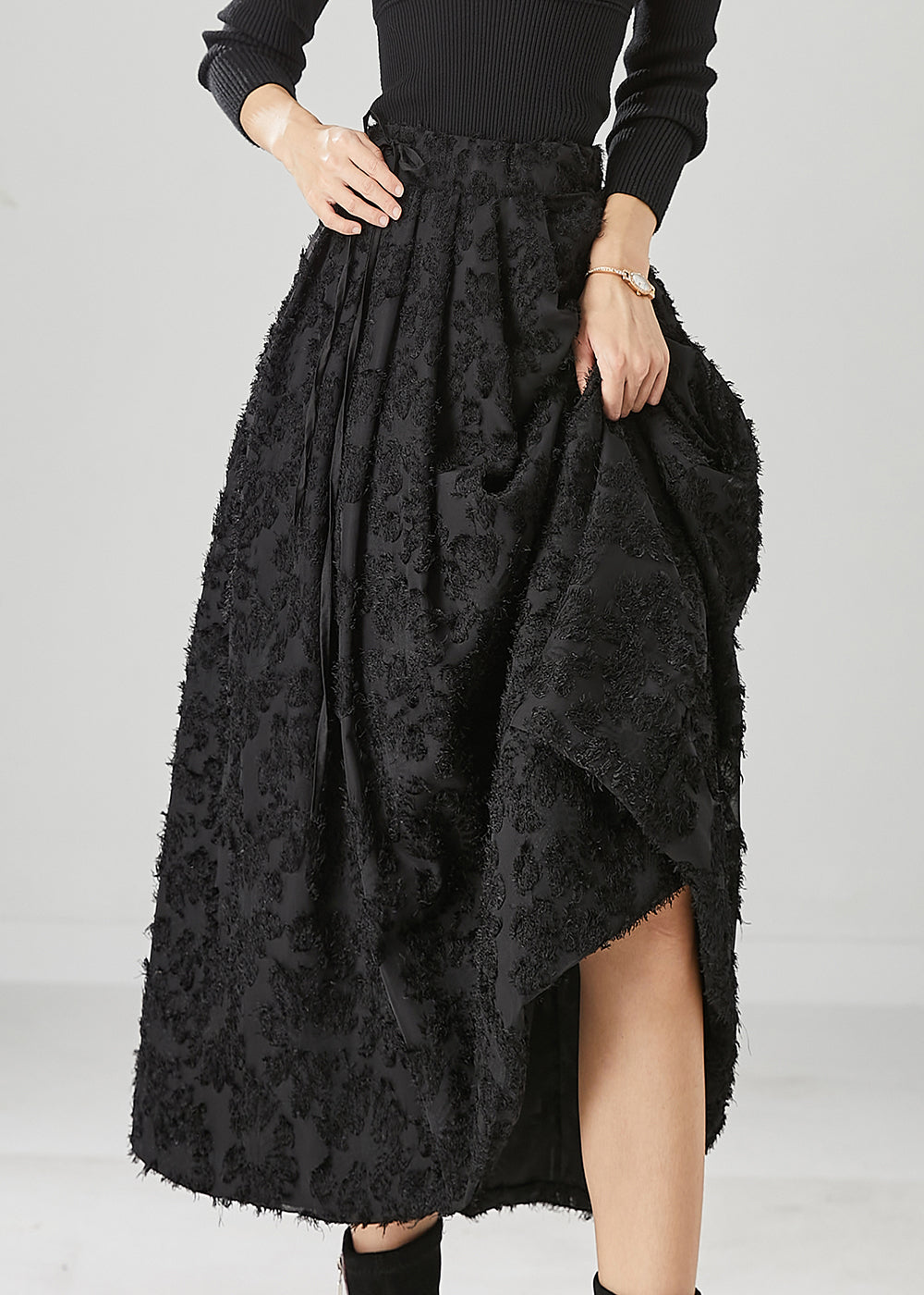 Boutique Black Tie Waist Cotton a Line Skirt Fall