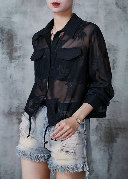 Black Tulle Upf 50+ Coat Jacket Embroidered Drawstring Summer