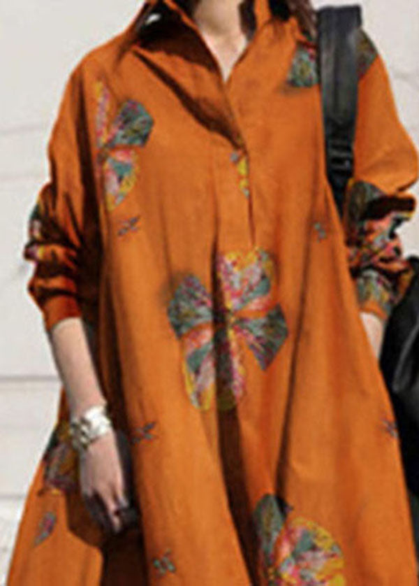 Retro Print Lapel Loose Long Sleeve Maxi Shirt Dress With Pocket