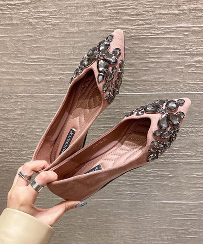 Black Flat Shoes Splicing Zircon Pointed Toe