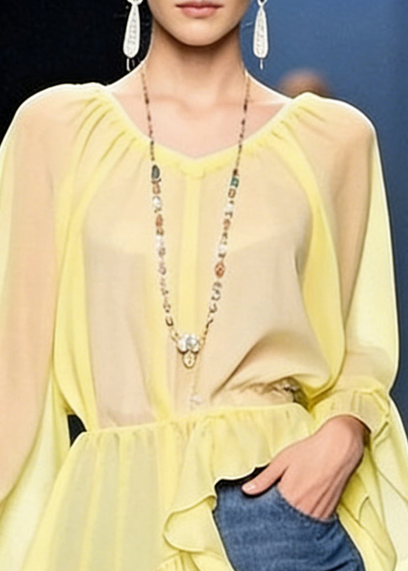 Art Yellow Asymmetrical Ruffled Chiffon Blouses Spring