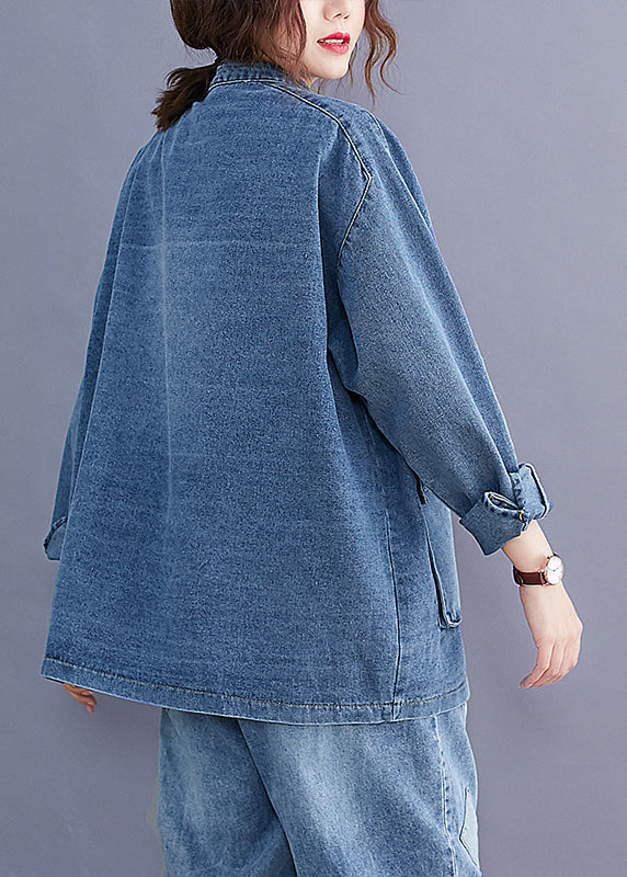 Blue Stand Collar Pockets Patchwork Denim Coats Fall
